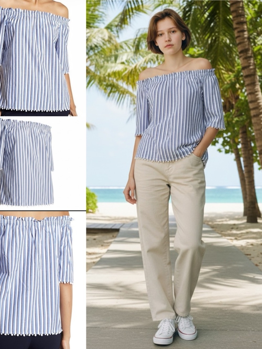 Trina Turk Blue White Striped Off Shoulder Top Sz S Short Sleeve Summer Chic